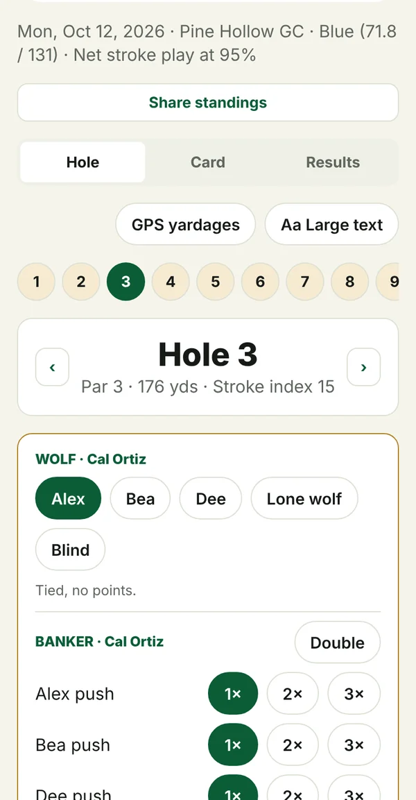 Hole 3 scoring screen with Wolf, Banker, Vegas, closest to the pin and match play status above each golfer's score