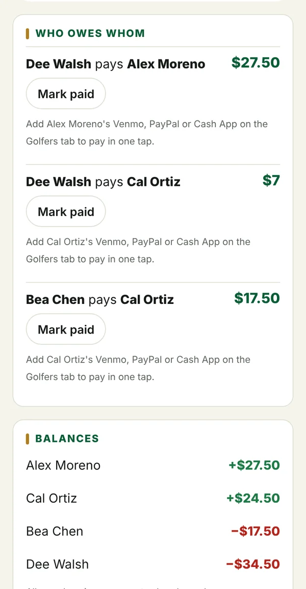 Settle up screen listing who pays whom and balances